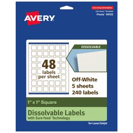 Avery Dissolvable Square Labels, Sure Feed Technology, 1" x 1", Matte White, Print-to-The-Edge, Laser/Inkjet Printable, 240 Labels Total
