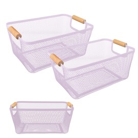 PTSGCAI 2Pack Metal Mesh Steel Basket with Bamboo Handle - Wire Metal Basket for Kitchen Organization, 12" Wide Food Organizer Bin, Perfect for Organizing Bulk Pantry (Purple)