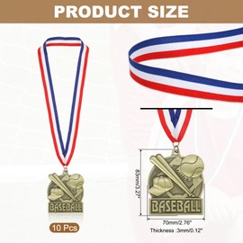 PATIKIL Baseball Games Court Gold Award Medals with Red & White & Blue Ribbons, 10 Pcs Winner Medals Gold Silver Bronze Prizes for Competitions Sports Party, Gold