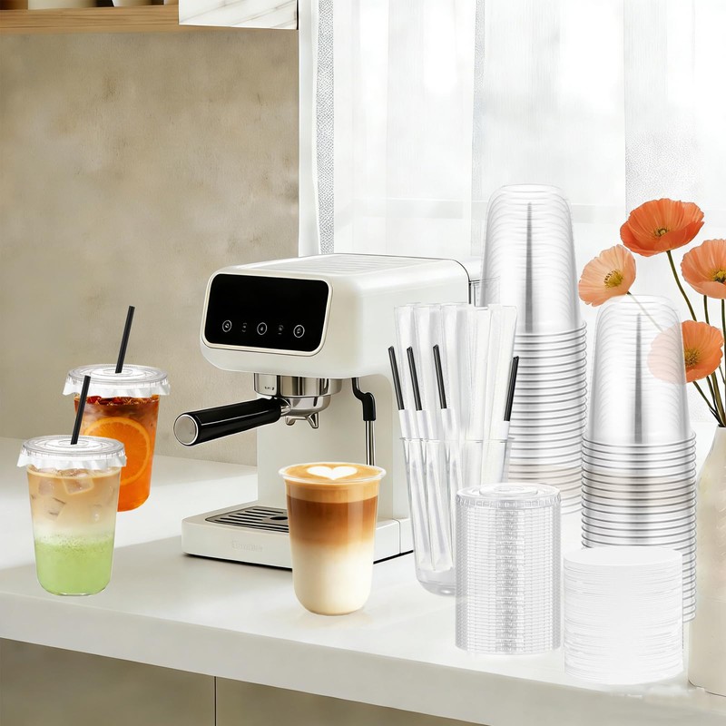 Cashger 16 oz Plastic Cups with Lids and Straws To