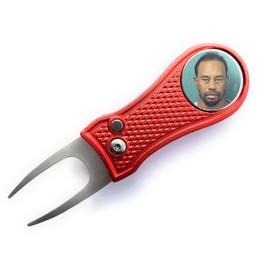 Smash Factor Tiger Woods Mugshot Golf Divot Repair Tool with Ball Marker - Foldable Switchblade Design (Red)