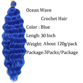 30 inch Ocean Wave Crochet Hair Deep Wave Twist Crochet Hair Extensions Curly Braiding Hair 3 packs Long Wavy Water Wave Braids For Women Synthetic Crochet Braid Hair (30 inch, Blue)