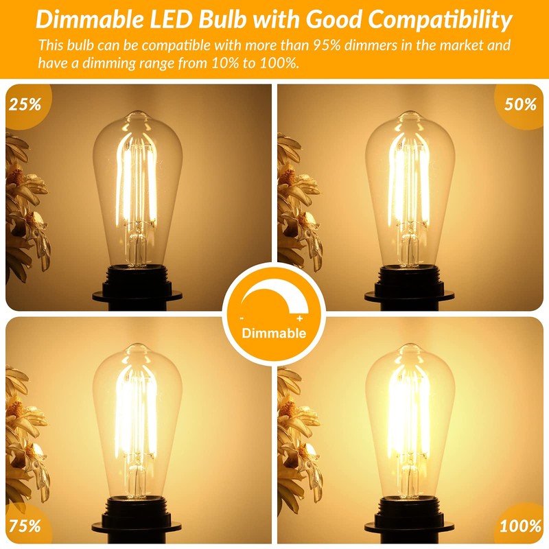 Dimmable Vintage LED Edison Light Bulbs 100W Equivalent, 8W ST58