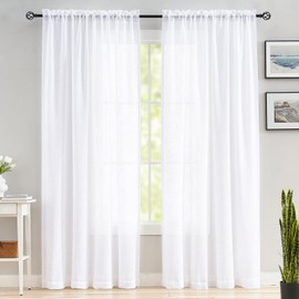 Sheer White Curtains 95 Inches Semi Transparent Privacy Sunlight Glare Filtering Linen Drapes, Rod Pocket Voile Curtain Panels for Living room, Bedroom, Yard, Patio, Villa, Parlor, Set of 2, 52"x95".
