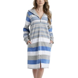 Aquarti Women's Terry Towelling Dressing Gown Striped with Hood, darkblue