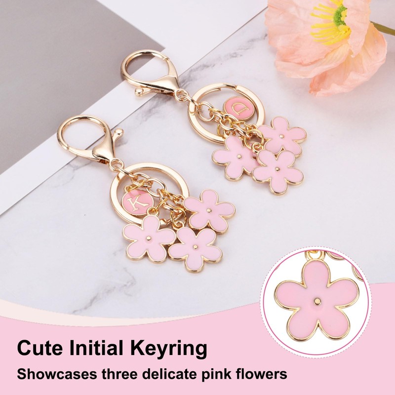 [PATIKIL] Alphabet Keychain Pink Flower Initial Letter S Key Ring