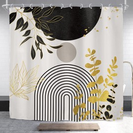 Riyidecor Black Gold Mid Century Modern Shower Curtain for Bathroom Decor 72Wx72H Boho Abstract Gold Leaves Minimalist Geometric Arch Sun Art Printed Fabric Polyester Waterproof 12 Pack Plastic Hooks