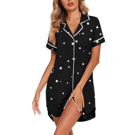 Ekouaer Nightgowns for Women Button Up Sleep Shirts Short Sleeve Nightshirt Soft Pajamas House Dress Sleepwear Black Stars Medium