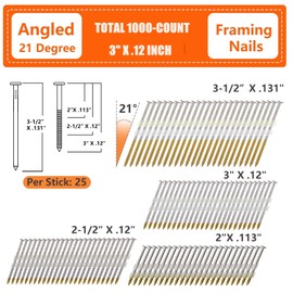 SITLDY 21 Degree Framing Nails 1000 Count, 3-Inch X .12" Ring Shank, Full Round Head Hot Dipped Galvanized, for Pneumatic Electric 20 to 22 Degree Framing Nailer