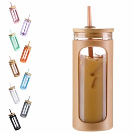 Kodrine 20oz Glass Water Tumble with Straw and Lid,Bamboo Lids Water Bottle, Iced Coffee Cup Reusable, Wide Mouth Smoothie Cups, Straw Silicone Protective Sleeve BPA FREE-Light Bule