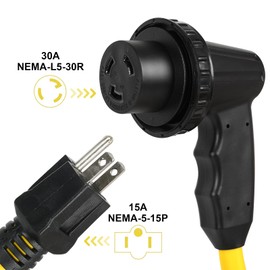 Fepinc 30 Amp to 110 Adapter RV Power Adapter with Locking Connector and Grip Handle 15 Amp to 30 Amp Rv Adapter NEMA 5-15p Male to L5-30R(90°)