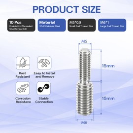 HiPicco M5x15mm to M6x15mm Double End Threaded Stud Screw Reducing Bolt,304 Stainless Steel Thread Reducer Adapter for Furniture Fastener Welding, Hardware Connectors 10 Pack