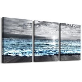 DZRWUBHS Large Wall Decorations For Living Room 3 Piece Framed Canvas Wall Art For Office Modern Home Bedroom Wall Decor Black And White Beach Wall Painting Blue Ocean Sea Wave Pictures Artwork