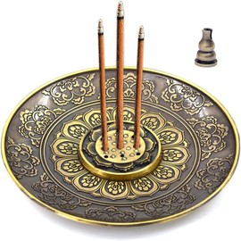 Sostenedor de Incienso de Bronce Quemador De 3 piezas,Porta Incienso de Bronce 9 hoyos Quemador,Incensario Tallado Soporte para incienso de barra Varillas y bobina, para masajes, meditación, yoga