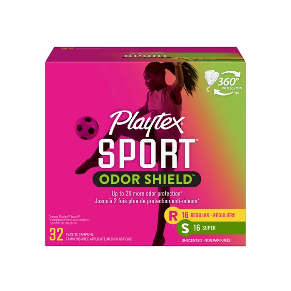 Playtex Sport Odor Shield Tampon, regular & Super Absorbency, Multi-pack 32 count Unscented