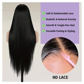 12" Straight Natural Black Glueless 1/4 Lace Front Wig for Black Women Heat-Resistant Synthetic Hair, Pre-Plucked Hairline for Daily & Party Wear (Black)