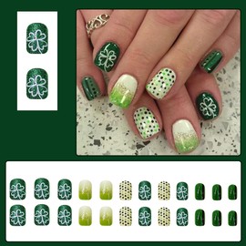 24Pcs St. Patrick's Day Press on Nails Short Square Fake Nails Green Gradient French Tip False Nails Spring Shamrock Glue on Nails Cute Polka Dot Full Cover Acrylic Nails Irish Clover Artificial Nails
