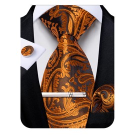 DiBanGu Mens Burnt Orange Ties Silk Woven Paisley Necktie Handkerchief Cufflinks Set Party Wedding Gifts