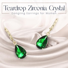 Crystalline Azuria Teardrops Wedding Dangle Earrings with Green Simulated emerald Zirconia Crystals 18K Gold Plated for Women