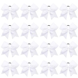 OAOLEER 16PCS 8" Large Cheer Hair Bows Ponytail Holder Elastic Band Handmade for Cheerleading Teen Girls College Sports (White, 16 Count (Pack of 1))