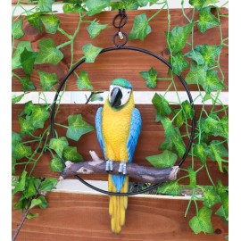 Ebros Hanging Blue And Gold Macaw Perching on Branch in Metal Round Ring 13.5"H