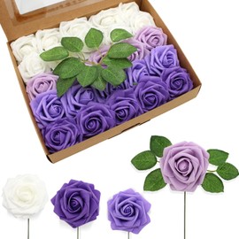 JOYLEX Artificial Flowers Realistic Roses, 50pcs Real Looking Fake Roses with Stem for DIY Wedding Bouquets Centerpieces Bridal Shower Party Home Romantic Decorations (50pcs, Shades of Purple)
