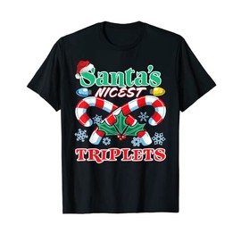 Santa's Nicest Triplets Kids Cute Fun Matching Christmas PJ T-Shirt, black