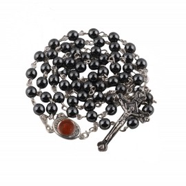 Kuesn 6mm Unisex-Adult Hematite Rosary Black Stone Beads Necklace with Jerusalem Holy Soil Cross Antique Religious Rosaries Beads Collection, Stone (Black Silver)