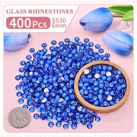 400PCS SS30/6mm Crystal Rhinestones (Blue/Sapphire) with 2Pcs 10ml B7000 Jewelry Glue, Bedazzling Flatback Glass Rhinestones for Crafting, Gems Diomand Charms for Tumbler Shoes Clothing Mugs Nail Art
