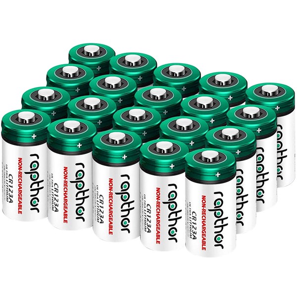Rapthor CR123A 3V Lithium Batteries 20 Pack 1650mAh High Power CR123 CR17345 for Flashlights Microphone Toy Smoke Detector Alarm System Non-Rechargeable CR123 Photo Battery (Not for Arlo)