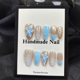 Medium Almond Press on Nails Blue Fake Nails with 5D Pearl Flower Charm Design Gold Starfish False Nails Water Ripple Shell Glue on Nail Glossy Summer Ocean Beach Nail for Women Manicure 24Pcs
