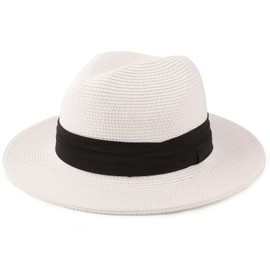 AQOKKA Summer Straw Fedora Hat for Women Men Travel Panama Hat with Wide Brim Roll Up Sun Hat for Beach Outdoor UPF 50+