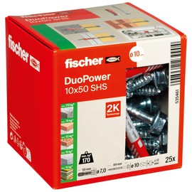 Fischer Duopower 10 x 50 S, Universal Dowels with Safety Screw, 2-Component Dowels, Plastic Dowels for Mounting in Concrete, Bricks, Stone, Plasterboard and much more, 25 Dowels + 25 Screws