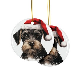 DistinctInk Hanging Ceramic Christmas Tree Ornament with Gold String - Great Gift/Present - 2 3/4 inch Diameter - Standard Schnauzer Puppy Drawing Design