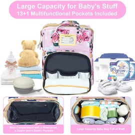 GurZinn Diaper Bag Backpack with Changing Station, Foldable for Bady Toddler, 3 in 1 Large Capacity Newborn Essentials Organizer with Stroller Hook for Girls and Boys（Pink）
