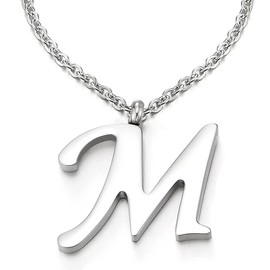 COOLSTEELANDBEYOND Name Initial Alphabet Letter A to Z Pendant Stainless Steel Necklace for Men Women with 50 cm Steel Rope Chain, Stainless Steel, m