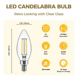 Hizashi E12 LED Bulb 60 watt Equivalent, Dimmable Chandelier Light Bulbs Soft White 3000K, 90+CRI 6W 550LM B10 LED Candle Bulb, Candelabra Base, UL Listed, 24 Pack