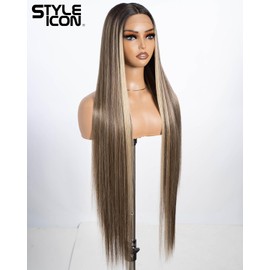 Style Icon Highlight Super Long Straight Lace Front Wig 38 Inches Long Wig for Women Synthetic Lace Front Wig Middle Part Lace Wig Pre Plucked with Baby Hair Heat Resistant Fiber 150% Density