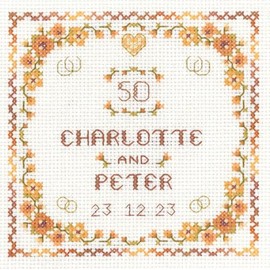Lifetime Samplers & Decorative Textiles Heart Golden Anniversary Sampler with Gold Heart Charm for a 50th Wedding Anniversary - Complete Cross Stitch kit on 14 aida