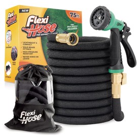 Flexi Hose PLUS con boquilla de 8 funciones, manguera de jardín expandible, manguera de jardín flexible ligera y sin torceduras, accesorios de latón macizo de 3/4 pulgadas y núcleo de látex doble, 72