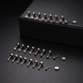 Kakonia 12 Pairs 20G Stainless Steel CZ Stud Earrings for Women Men Cartilage Helix Stud Earrings Set Round Zirconia Screw Flat Back Stud Piercing, Stainless Steel