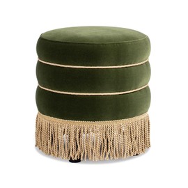 Jennifer Taylor Home Edward 17.5" Round Upholstered Ottoman with Bullion Fringe, Olive Green Performance Velvet