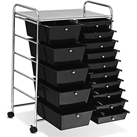 SPSUPE 15-Drawer Multipurpose Rolling Storage Cart, Utility Cart with 4 Universal Wheels, Tools Scrapbook Paper Organizer, Ideal for Office School (Black)