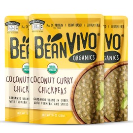 BeanVIVO (Pack of 3) Organics Plant based Coconut Curry Chickpeas - Good Source of Fiber - Nutritious & Microwave Meals - Gluten-Free Plant Food - 10 oz