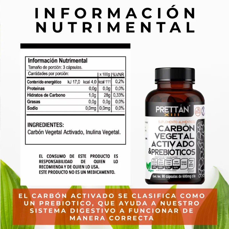 Carbon Vegetal Activado Prebioticos 90 Caps 600mg Sin Sabor