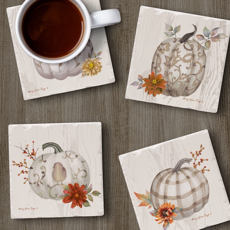 Thirstystone Chinoiserie Fall Pumpkins Assorted Tumbled Tile Stone Coasters with