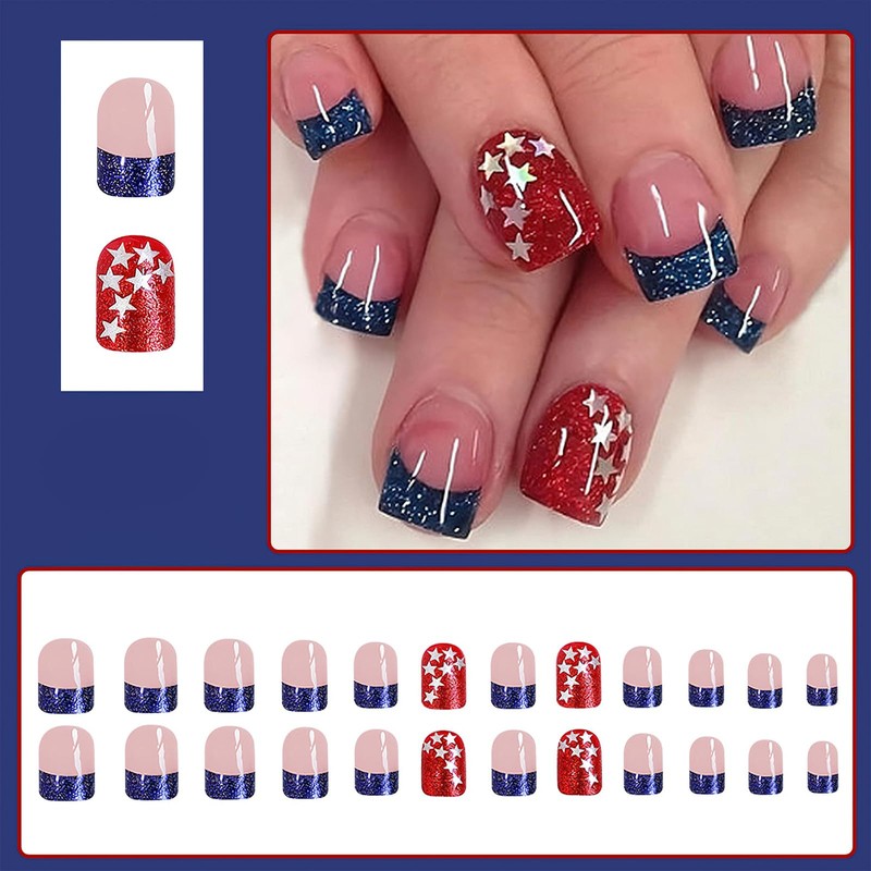 ROFIBUT 4th of July Press on Nails Short Square Fake