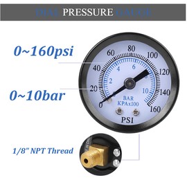 Pressure Gauge, 1/8"NPT, 0-160 PSI, 0-10 Bar, Mini pressure Gauge Manometer for Fuel Air Oil Water