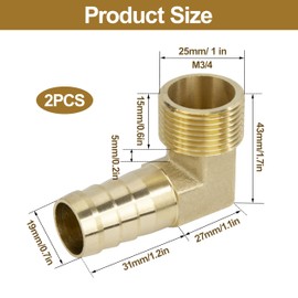 Messing Fitting Anschluss, 2 Stück 19 mm Widerhaken x G3/4” Außengewinde Messing Winkelstück, 90 Grad Kupplung Rohr Adapter Anschluss für Wasser, Gas, Öl