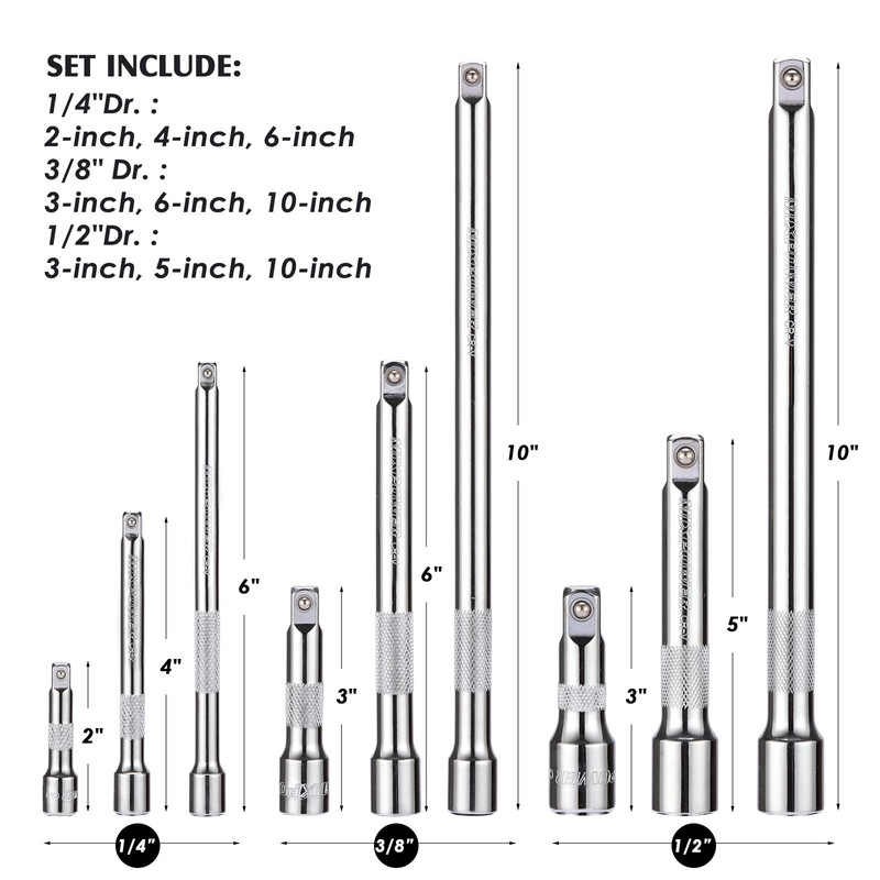 MIXPOWER 9-Piece Extension Bar Set, 1/4", 3/8" and 1/2" Drive